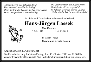 Traueranzeige von Hans-Jürgen Lassek von VRM Trauer