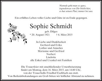 Traueranzeige von Sophie Schmidt von  Usinger Anzeiger