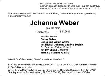Traueranzeige von Johanna Weber von trauer.echo-online.de