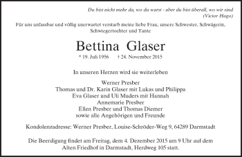 Traueranzeige von Bettina Glaser von trauer.echo-online.de
