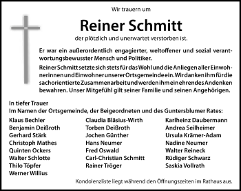 Traueranzeige von Reiner Schmitt von  Landskrone