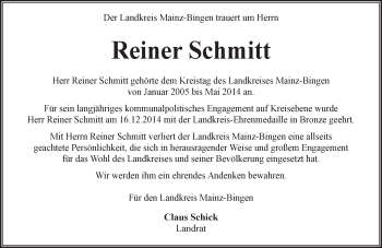 Traueranzeige von Reiner Schmitt von  Ingelheim-Bingen