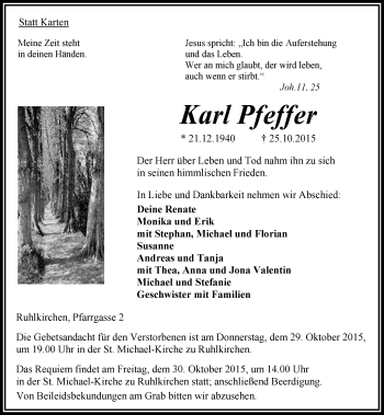Traueranzeige von Karl Pfeffer von VRM Trauer