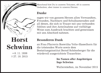 Traueranzeige von Horst Schwinn von trauer.echo-online.de