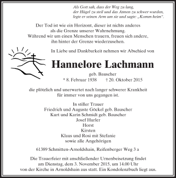 Traueranzeige von Hannelore Lachmann von  Usinger Anzeiger
