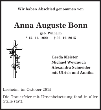 Traueranzeige von Anna Auguste Bonn von trauer.echo-online.de