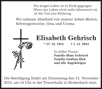 Traueranzeige von Elisabeth Gehrisch von trauer.echo-online.de