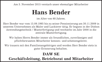 Traueranzeige von Hans Bender von trauer.echo-online.de