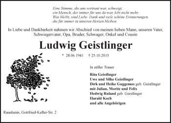 Traueranzeige von Ludwig Geistlinger von trauer.echo-online.de