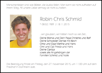 Traueranzeige von Robin Chris Schmid von trauer.echo-online.de