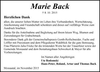Traueranzeige von Marie Back von trauer.echo-online.de