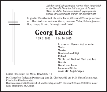 Traueranzeige von Georg Lauck von  Mainspitze