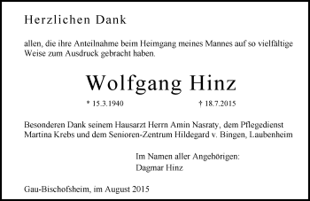 Traueranzeige von Wolfgang Hinz von  Mainz