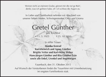 Traueranzeige von Gretel Günther von  Kreisanzeiger