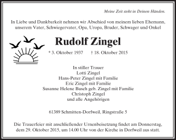Traueranzeige von Rudolf Zingel von  Usinger Anzeiger