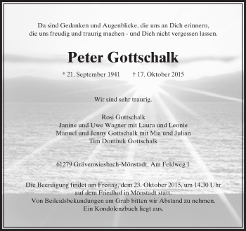 Traueranzeige von Peter Gottschalk von  Usinger Anzeiger