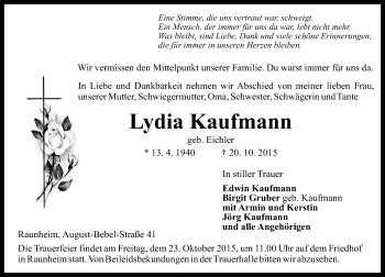 Traueranzeige von Lydia Kaufmann von  Mainspitze