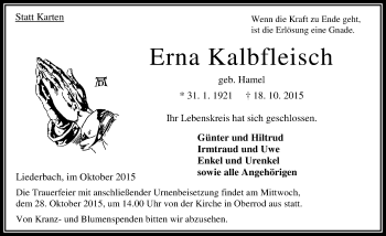 Traueranzeige von Erna Kalbfleisch von VRM Trauer