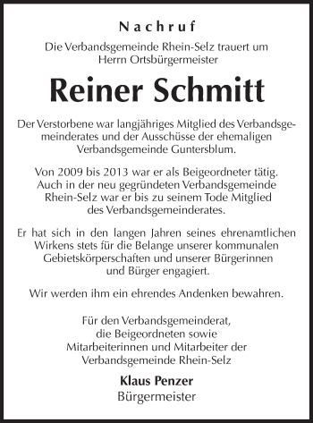 Traueranzeige von Reiner Schmitt von  Landskrone
