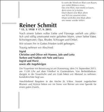 Traueranzeige von Reiner Schmitt von  Landskrone