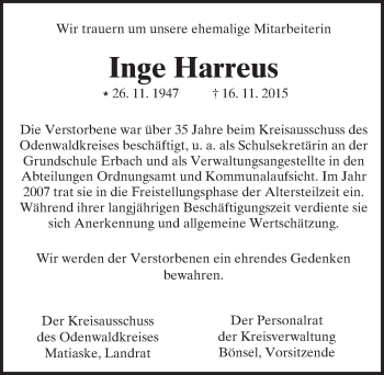 Traueranzeige von Inge Harreus von trauer.echo-online.de