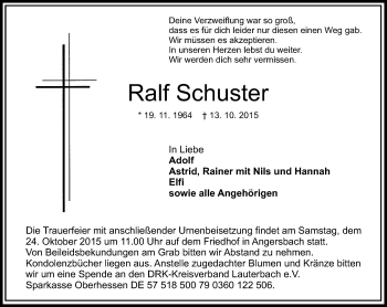 Traueranzeige von Ralf Schuster von VRM Trauer