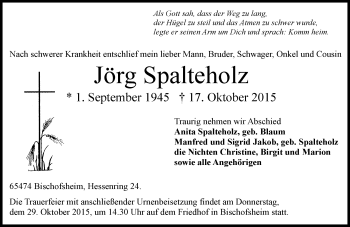 Traueranzeige von Jörg Spalteholz von  Mainz