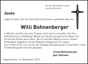 Traueranzeige von Willi Bohnenberger von trauer.echo-online.de
