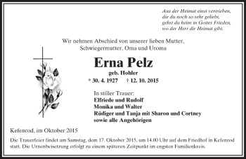 Traueranzeige von Erna Pelz von  Kreisanzeiger