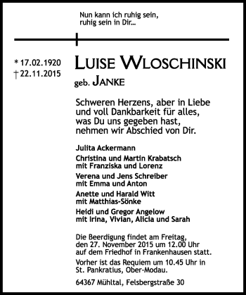 Traueranzeige von Luise Wloschinski von trauer.echo-online.de
