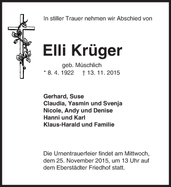 Traueranzeige von Elli Krüger von trauer.echo-online.de
