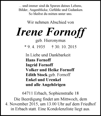 Traueranzeige von Irene Fornoff von trauer.echo-online.de