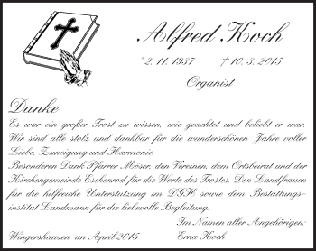 Traueranzeige von Alfred Koch von  Sonntags Anzeiger