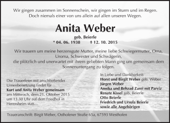 Traueranzeige von Anita Weber von  Worms