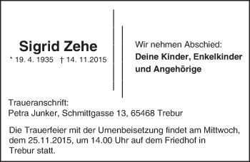 Traueranzeige von Sigrid Zehe von trauer.echo-online.de