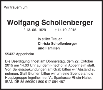 Traueranzeige von Wolfgang Schollenberger von  Ingelheim-Bingen