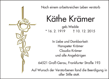 Traueranzeige von Käthe Krämer von trauer.echo-online.de