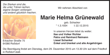 Traueranzeige von Marie Helma Grünewald von trauer.echo-online.de