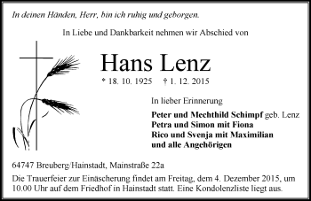 Traueranzeige von Hans Lenz von trauer.echo-online.de
