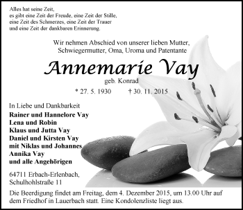 Traueranzeige von Annemarie Vay von trauer.echo-online.de