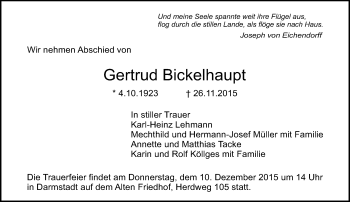 Traueranzeige von Gertrud Bickelhaupt von trauer.echo-online.de