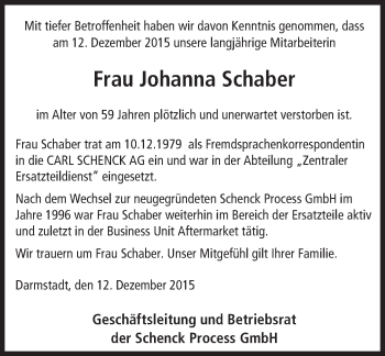 Traueranzeige von Johanna Schaber von trauer.echo-online.de