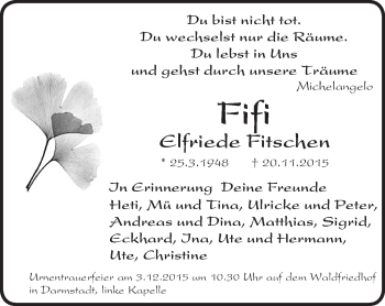 Traueranzeige von Elfriede Fitschen von trauer.echo-online.de