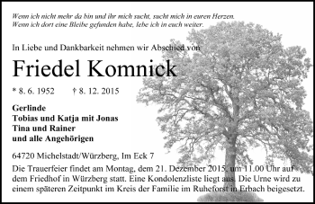 Traueranzeige von Friedel Komnick von Darmstädter Echo