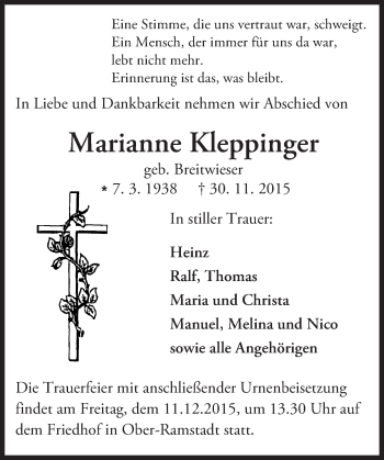 Traueranzeige von Marianne Kleppinger von trauer.echo-online.de