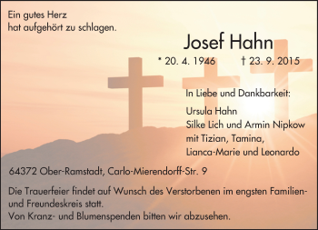 Traueranzeige von Josef Hahn von trauer.echo-online.de