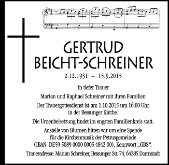Traueranzeige von Gertrud Beicht-Schreiner von trauer.echo-online.de