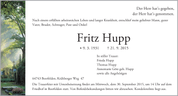Traueranzeige von Fritz Hupp von trauer.echo-online.de