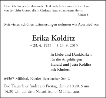 Traueranzeige von Erika Kolditz von trauer.echo-online.de