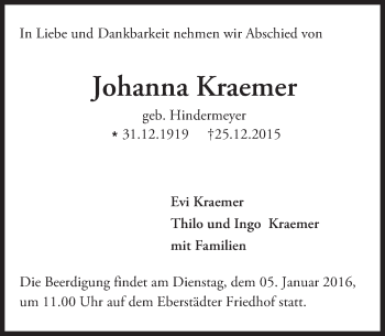 Traueranzeige von Johanna Kraemer von trauer.echo-online.de